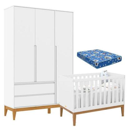 Imagem de Berço Americano Unique E Guarda Roupa 3 Portas Nature Clean Branco Soft Eco Wood E Colchão Ortobom