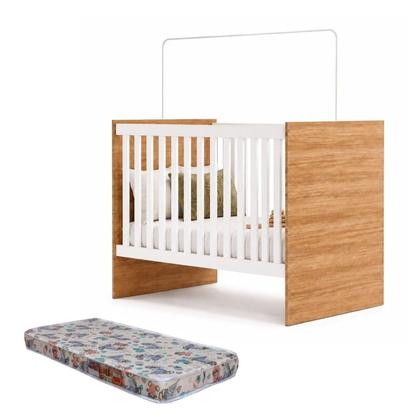 Imagem de Berço com Colchão e Suporte Mosquiteiro 3 em 1 Life Compact 100% MDF Branco/Amadeirado