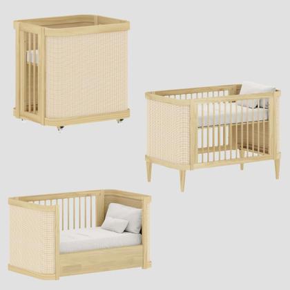 Imagem de Berço de Madeira Maciça 3 em 1 Mini Berço e Mini Cama Tela Rattan Brinde Mini colchão
