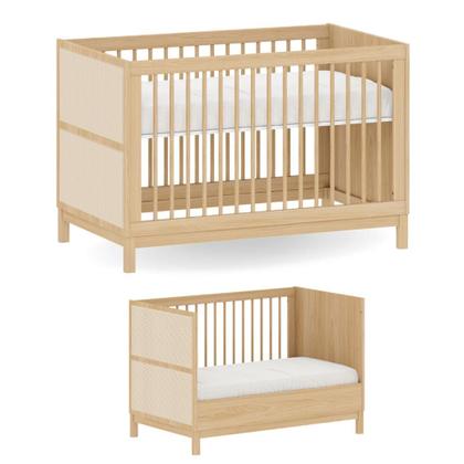 Imagem de Berço Infantil Indy Quater 2 em 1 MDF com Palhinha Natural Rattan com 3 Regulagens de Altura Vira Mini Cama Colchão Brinde