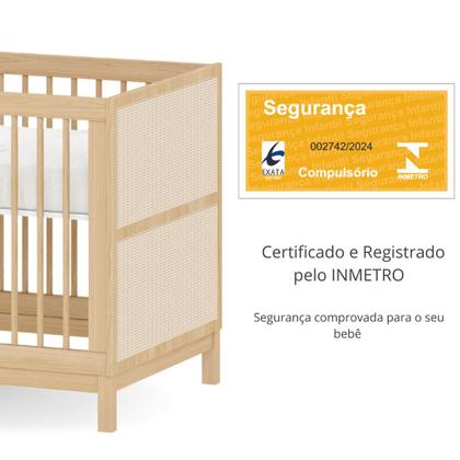 Imagem de Berço Infantil Indy Quater 2 em 1 MDF com Palhinha Natural Rattan com 3 Regulagens de Altura Vira Mini Cama Colchão Brinde