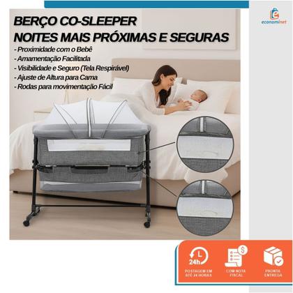 Imagem de Berço Infantil Moisés Portátil Balanço Co-Sleeper Bed com Mosquiteiro Dobrável para Bebê Conforto Ajustável Cesto 10kg