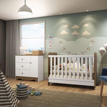 Berço Minicama Americano com Cômoda Infantil Ben 1 PT 3 GV Branco e Carvalho - Peroba Imagem de Berço Minicama Americano com Cômoda Infantil Ben 1 PT 3 GV Branco e Carvalho
