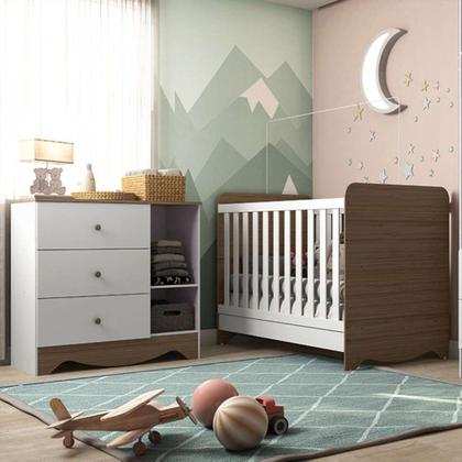 Berço Minicama Americano com Cômoda Infantil Ben 1 PT 3 GV Branco e Carvalho - Peroba Imagem de Berço Minicama Americano com Cômoda Infantil Ben 1 PT 3 GV Branco e Carvalho