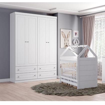 Imagem de Berço Montessoriano Americano e Guarda Roupa Infantil Mississipi 4 Portas Branco HP - Henn