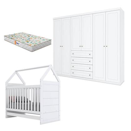 Imagem de Berço Montessoriano e Guarda Roupa Infantil Mississipi 6 Portas Branco HP com Colchão Gazin - Henn