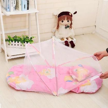 Imagem de Berco Mosquiteiro Barraca Mini Cama Colchonete Bebe Tenda Portatil Colchao Dobravel Ninho Infantil Rosa Meninas
