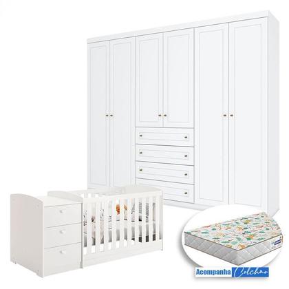 Imagem de Berço Multifuncional Atlanta e Guarda Roupa 6 Portas Mississipi Ambiente Branco Fosco Henn com Colchão Gazin - Reller