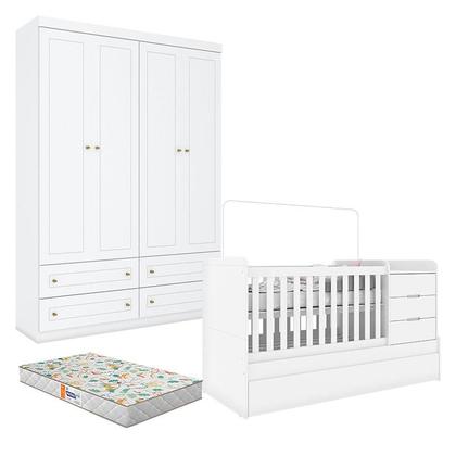 Imagem de Berço Multifuncional Cleo e Guarda Roupa Infantil 4 Portas Mississipi Ambiente Branco Fosco com Colchão Gazin - Henn