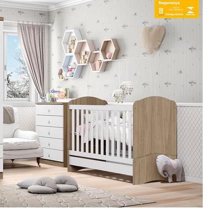 Imagem de Berço Nacional e Cômoda Infantil Bala de Menta Rústico Branco com Colchão Gazin  Henn