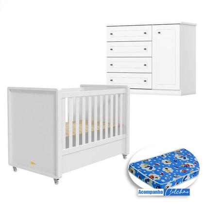 Imagem de Berço Tutto New e Cômoda Infantil Mississipi Ambiente Branco Fosco com Colchão Ortobom - Matic