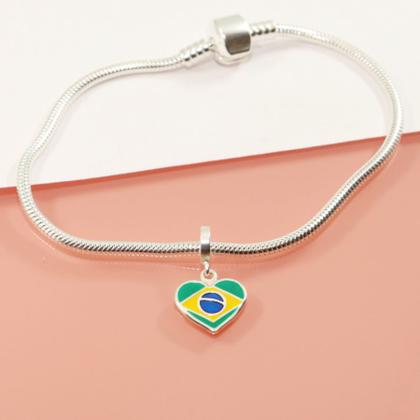 Imagem de Berloque Charms Coração Bandeira Brasil Prata Legitima 925