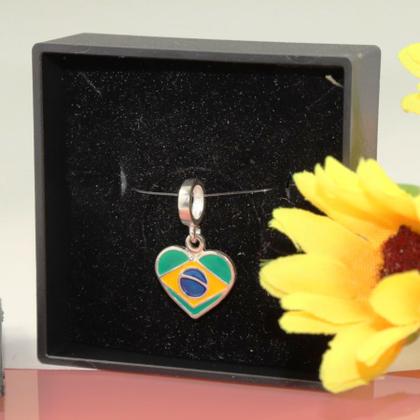 Imagem de Berloque Charms Coração Bandeira Brasil Prata Legitima 925