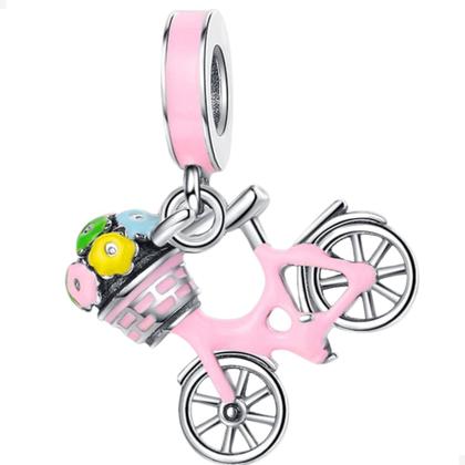 Imagem de Berloque Charms Pingente Bicicleta Retrô Flores Prata 925