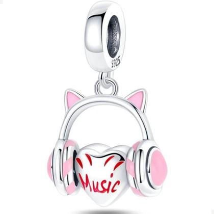 Imagem de Berloque Charms Pingente Fone Rosa Gatinho Prata 925