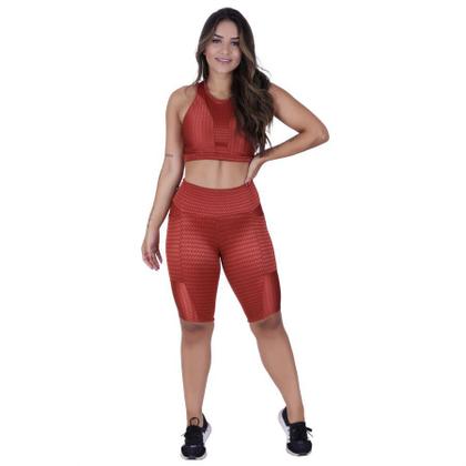 Imagem de Bermuda Fitness Feminina Bolso Cós Alto Cirre Textura Brilho Orbis - M, COBRE