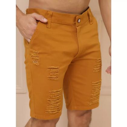 Imagem de Bermuda Masculina Rasgada Bege Jeans e Brim Várias Cores Estilo Destroyed