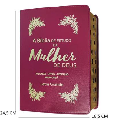 Imagem de Bíblia de estudo da mulher de deus  letra grande  com harpa e índice  capa de luxo vinho