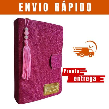 Imagem de Bíblia Feminina Média com Harpa Palavras de Jesus em Vermelho - Glitter com Botão Magnético