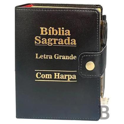 Imagem de Bíblia Letra Grande Sagrada Com Caneta Tecido Harpa Preta