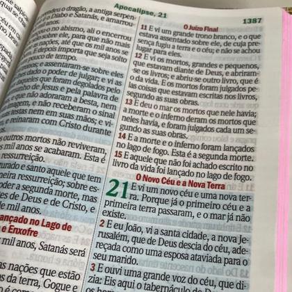 Imagem de Bíblia Letra Hipergigante Feminina e Palavras Jesus em Vermelho com Harpa Cristã de Botão Rosa Verde e Índice Mãe Mulher