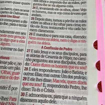 Imagem de Bíblia Letra Hipergigante Feminina e Palavras Jesus em Vermelho com Harpa Cristã de Botão Rosa Verde e Índice Mãe Mulher