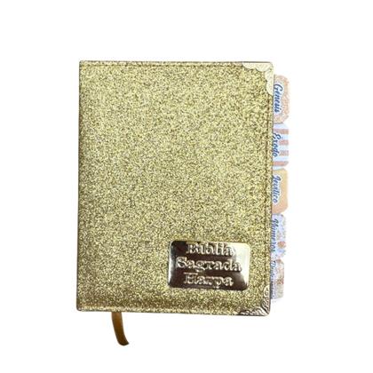 Imagem de Bíblia Pequena Glitter Dourada Arc Full Color Compacta Letra Maior Com Abas Colocadas