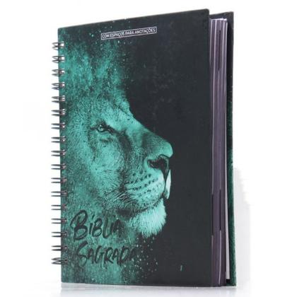 Imagem de Bíblia Sagrada Anote Leão Azul  Espiral  Com Espaço Para Anotações  Letra Normal  Capa Dura Cristã Evangélica Gospel Índice Crente Feminina Mulher