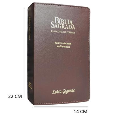 Imagem de Bíblia sagrada com harpa  letra gigante  arc  capa de luxo marrom  palavras de jesus em vermelho