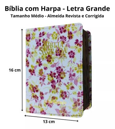 Imagem de Bíblia sagrada com letra grande  arc  com harpa cristã e corinhos  tamanho médio  capa floral  com índice