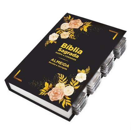 Imagem de Bíblia Sagrada Evangélica c/ Harpa Tamanho Grande com Abas Adesivas - Flores Rosé
