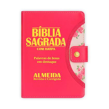 Imagem de Bíblia Sagrada Evangélica femenina - Botão Pink  ARC - João Ferreira de Almeida com Harpa e Índice por Cores SI