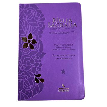 Imagem de Bíblia Sagrada Letra Extra Gigante c/ Harpa, Texto Colorido Palavras Jesus em Vermelho - Capa Lilás Flor Prata