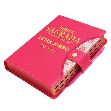 Imagem de Bíblia Sagrada Letra Jumbo - Botão Pink - C/ Harpa - 19 x 25cm
