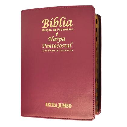 Imagem de Bíblia sagrada  letra jumbo  harpa  arc  índice  capa de luxo vinho  palavras de jesus em vermelho
