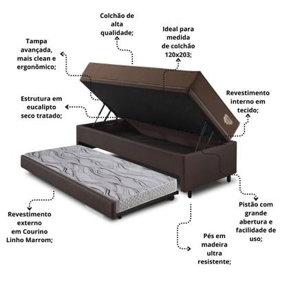 Imagem de Bicama Box Baú com material sintético Linho Marrom 120x203 com Colchão Relax Adorabile Molas Ensacadas Ecoflex