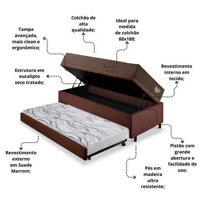 Imagem de Bicama Box Baú com Suede Marrom 88x188 com Colchão Relax Adorabile Molas Ensacadas Ecoflex