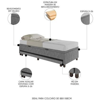 Imagem de Bicama Box Baú Solteiro 88x188 cm Samy S05 Veludo Cinza - Mpozenato