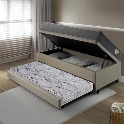 Imagem de Bicama Box Baú Viúva 120x203 Linho Bege com Colchão Adapto Molas Ensacadas Ecoflex