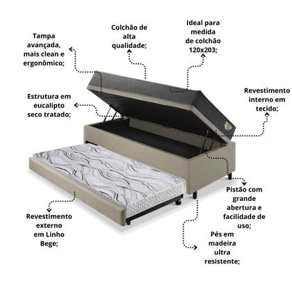 Imagem de Bicama Box Baú Viúva 120x203 Linho Bege com Colchão Adapto Molas Ensacadas Ecoflex