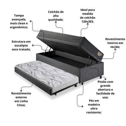 Imagem de Bicama Box Baú Viúva 120x203 Linho Cinza com Colchão Adapto Molas Ensacadas Ecoflex