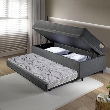 Imagem de Bicama Box Baú Viúva 120x203 Linho Cinza com Colchão Adapto Molas Ensacadas Ecoflex