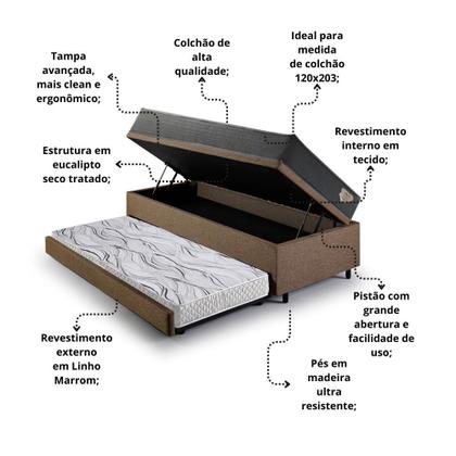 Imagem de Bicama Box Baú Viúva 120x203 Linho Marrom com Colchão Adapto Molas Ensacadas Ecoflex