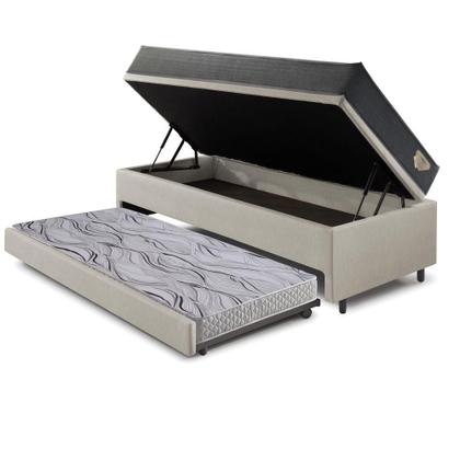 Imagem de Bicama Box Baú Viúva 120x203 material sintético Linho Areia com Colchão Adapto Molas Ensacadas Ecoflex