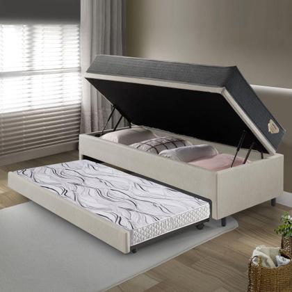 Imagem de Bicama Box Baú Viúva 120x203 material sintético Linho Areia com Colchão Adapto Molas Ensacadas Ecoflex