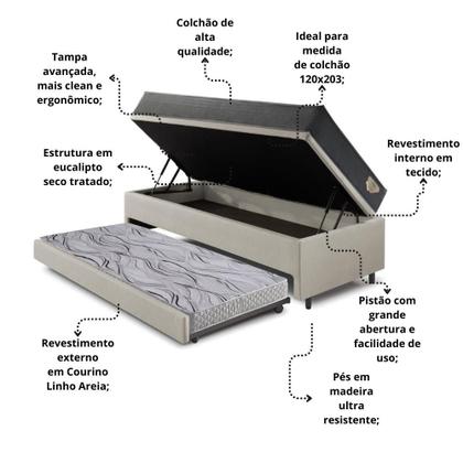 Imagem de Bicama Box Baú Viúva 120x203 material sintético Linho Areia com Colchão Adapto Molas Ensacadas Ecoflex