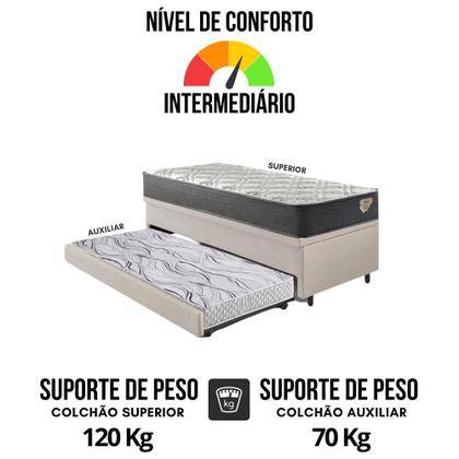 Imagem de Bicama Box Baú Viúva 120x203 material sintético Linho Areia com Colchão Adapto Molas Ensacadas Ecoflex