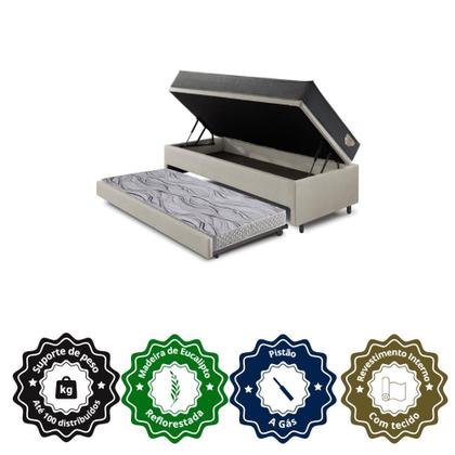 Imagem de Bicama Box Baú Viúva 120x203 material sintético Linho Areia com Colchão Adapto Molas Ensacadas Ecoflex