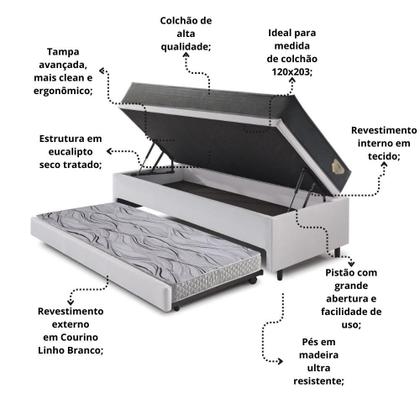 Imagem de Bicama Box Baú Viúva 120x203 material sintético Linho Branco com Colchão Adapto Molas Ensacadas Ecoflex