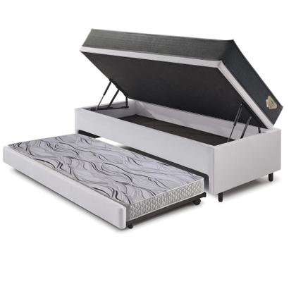 Imagem de Bicama Box Baú Viúva 120x203 material sintético Linho Branco com Colchão Adapto Molas Ensacadas Ecoflex